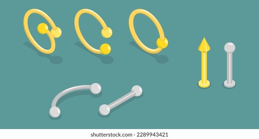 3D Isometric Flat Vector Set of Piercing Jewelry, Accessories Nose, Ears, Lips and Eyebrows