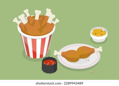 3D Isometric Flat Vector Set of Chicken Fast Food, Hot Crispy Drumsticks