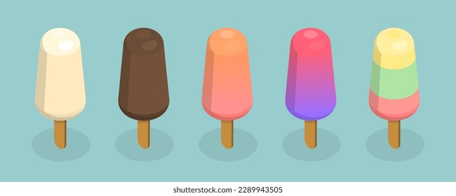 3D Isometric Flat Vector Set of Popsicles, Colorful Fruity Frozen Desserts