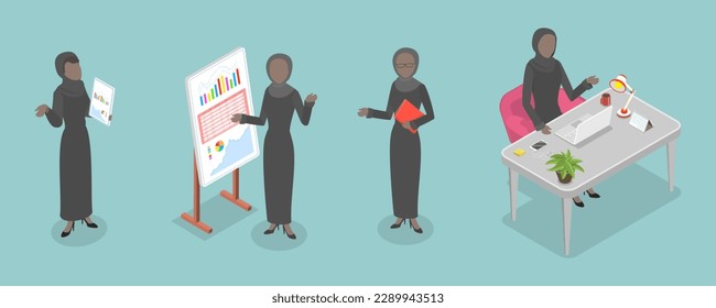 3D Isometric Flat Vector Set of Arab Business Woman, Muslim Girl in Hijab