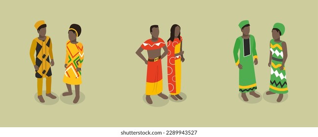 Vector plano isométrico 3D de traje africano, hombres y mujeres de ropa nacional