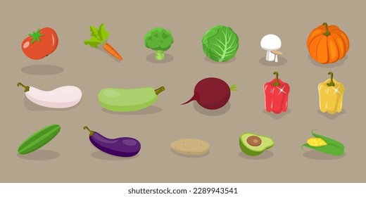 3D Isometric Flat Vector Set of Fresh Vegetables, Collection Farm Product