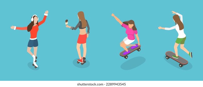 3D Isometric Flat Vector Set of Roller Skating Girls, Summer Rest and Entertainment