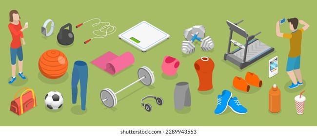 3D Isometric Flat Vector Set of Various Sport Equipment, Fitness Inventory, Gym Accessories