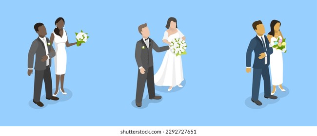 3D Isometric Flat Vector Set of Newlyweds, Groom and Bride Characters Collection