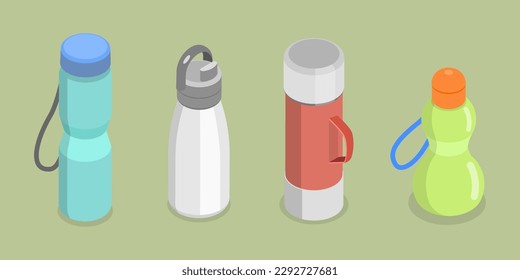 3D Isometric Flat Vector Set of Thermoses, Refillable Glass, Plastic or Metal Bottles