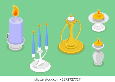 3D Isometric Flat Vector Set of Candlesticks, Retro Candles