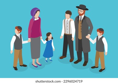 3D Isometric Flat Vector Set of Jewish Family, Orthodox Jews