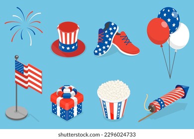 3D Isometric Flat Vector Set of United Stated Independence Design Items, USA Celebration