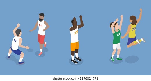 3D Isometric Flat Vector Set of Basketball Players, Various Poses