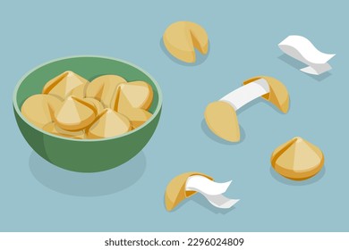 3D Isometric Flat Vector Set of Fortune Cookies, Delicious Biscuit with Surprise