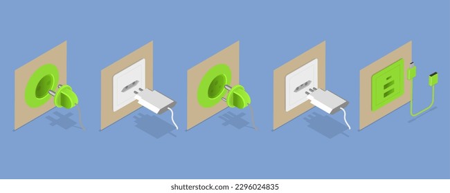 3D Isometric Flat Vector Set of Electric Sockets And Plugs, Energy Outlet