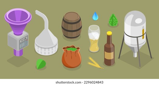 3D Isometric Flat Vector Set of Beer Production Elements, Alcohol Industry