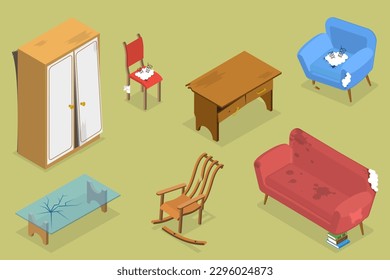 3D Isometric Flat Vector Set of Broken Furniture, Defected Home Interior Objects