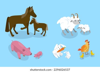 3D Isometric Flat Vector Set of Farm Animal Families, Domestic Children and Parents