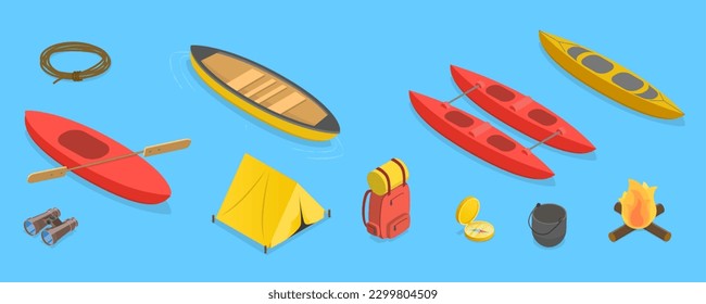 3D Isometric Flat Vector Set of Kayaking, Extreme Outdoor Activities