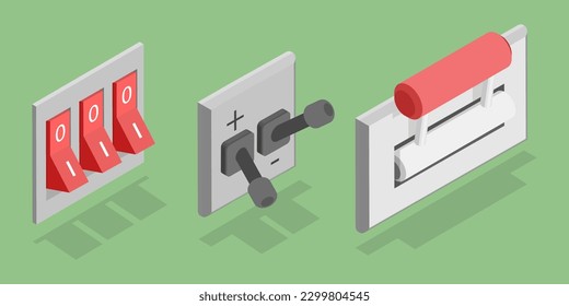 3D Isometric Flat Vector Set of Electric Breakers, Switchboard Panel