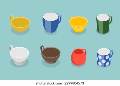 3D Isometric Flat Vector Set of Tea or Coffee Cups, Mugs for Hot Beverages