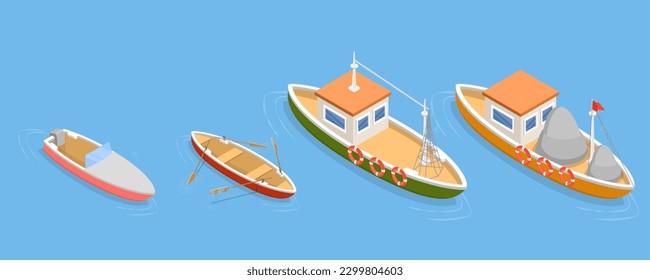 3D Isometric Flat Vector Set of Boats, Water Transport Vessels