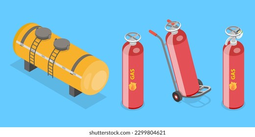 3D Isometric Flat Vector Set of Fuel Metal Reservoirs, Oxygen Equipment