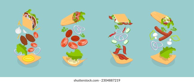 3D Isometric Flat Vector Set of Shawarmas, Middle Eastern Food