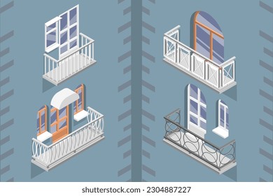 Juego de vectores planos isométricos 3D de balcones, fachada de la casa