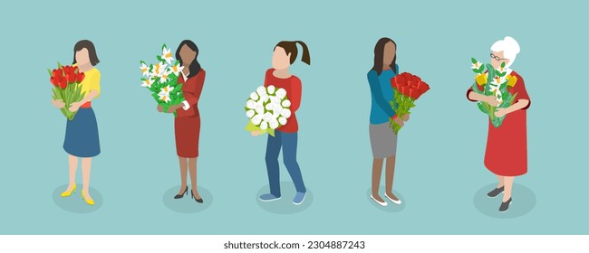 3D Isometric Flat Vector Set of Bouquets, Happy Women Holding Flowers