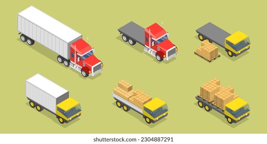 3D Isometric Flat Vector Set of Trucks, Commercial Delivery Vehicles