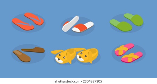 3D Isometric Flat Vector Set of Slippers, Home Shoes
