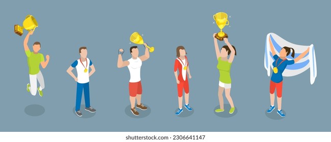 3D Isometric Flat Vector Set of Success, Triumph and Victory, Sport Games Champions