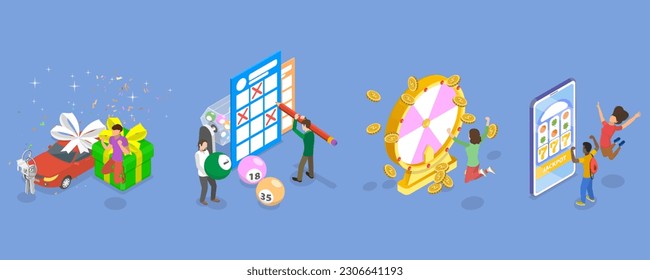 3D Isometric Flat Vector Set of Lottery Winners, Luck and Fortune