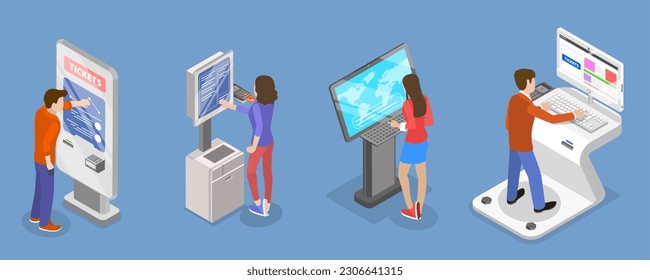 3D Isometric Flat Vector Set of Ticket Kiosks, Self Service Terminals