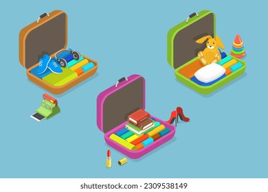 3D Isometric Flat Vector Set of Luggages with Personal Belonging, Open Suitcases