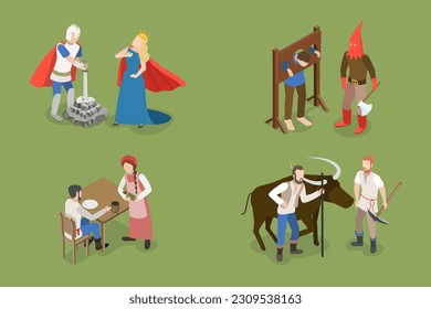 3D Isometric Flat Vector Set of Medieval People, Historical Characters