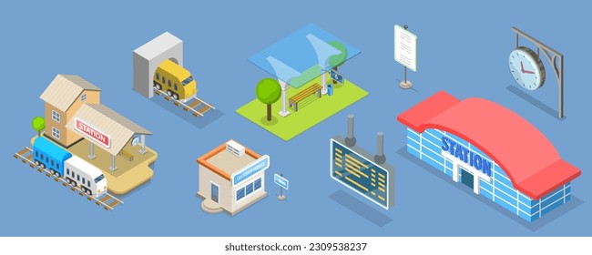 3D Isometric Flat Vector Set of Railway Station Elements, Train, Platform, Schedule Display, Clock