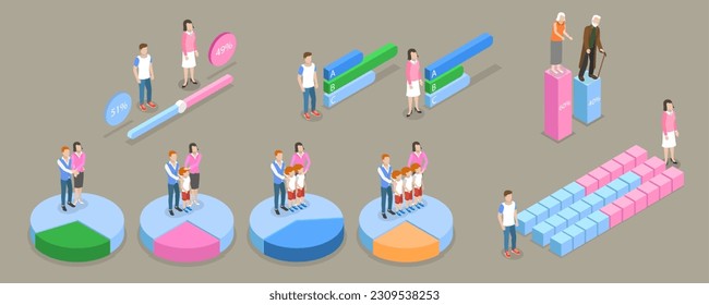 3D Isometric Flat Vector Set of Demography Elements, Population Infographic