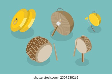 3D Isometric Flat Vector Set of Korean Music Instruments, Traditional Music