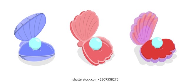 3D Isometric Flat Vector Set of Pearl Shells, Open Seashell Scallops