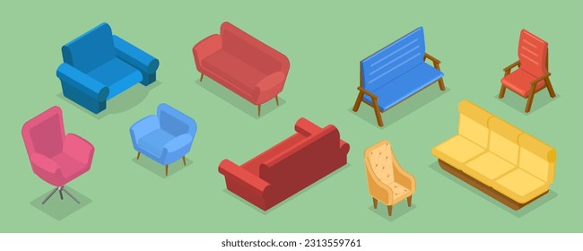 Vector plano isométrico 3D Conjunto de muebles, sillones, sofás, sillas