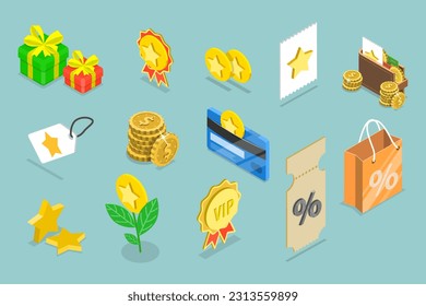 3D Isometric Flat Vector Set of Customer Loyality Program Elements, Online Shopping Bonuses