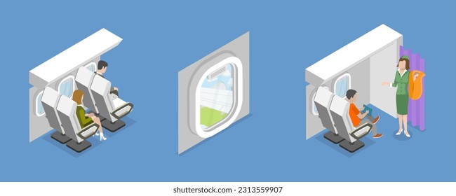 3D Isometric Flat Vector Set of Airplane Items and Scenes, Inside Modern Plane