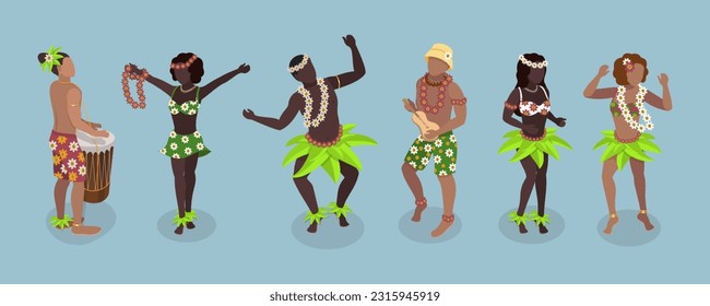 3D Isometric Flat Vector Set of Hawaiian Dancers, Characters in Polynesian Costume