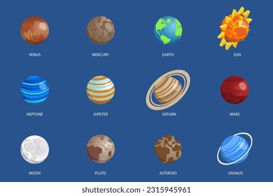 3D Isometric Flat Vector Set of Solar System Planets, Galaxy Astronomical Objects