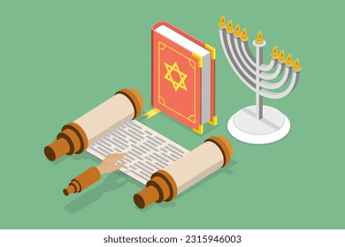 3D Isometric Flat Vector Set of Jewish Religion Items, Judaism Culture