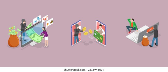 3D Isometric Flat Vector Set of Scam Scenes, Internet Fraud