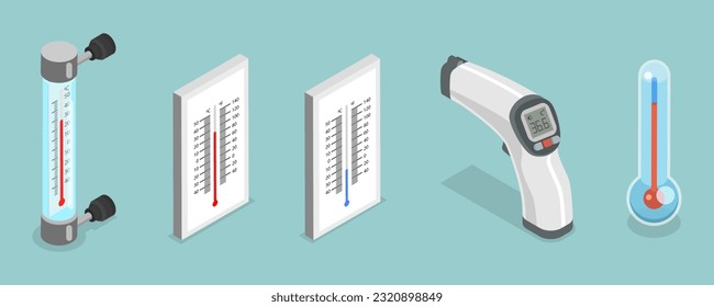 3D Isometric Flat Vector Set of Thermometers, Measuring Temperature Indoor, Outdoor, Health Control