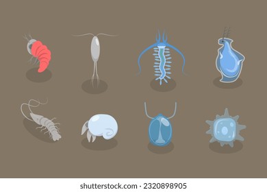 3D Isometric Flat Vector Set of Varieties Of Plankton, Collection of Small Water Organisms