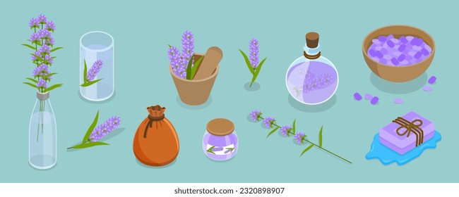 Vector plano isométrico 3D de productos de lavanda, flores y cosméticos