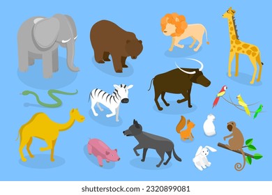 3D Isometric Flat Vector Set of Zoo Animals, WildLife Collection