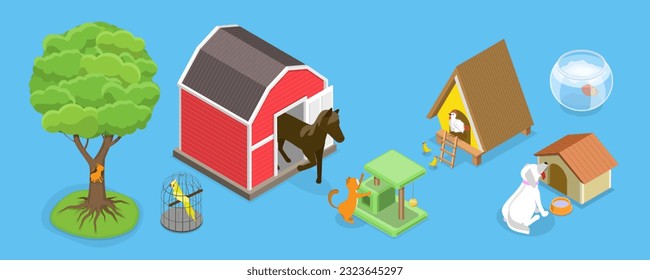 3D Isometric Flat Vector Set of Wild And Domestic Animals With Homes, Poultry Farming